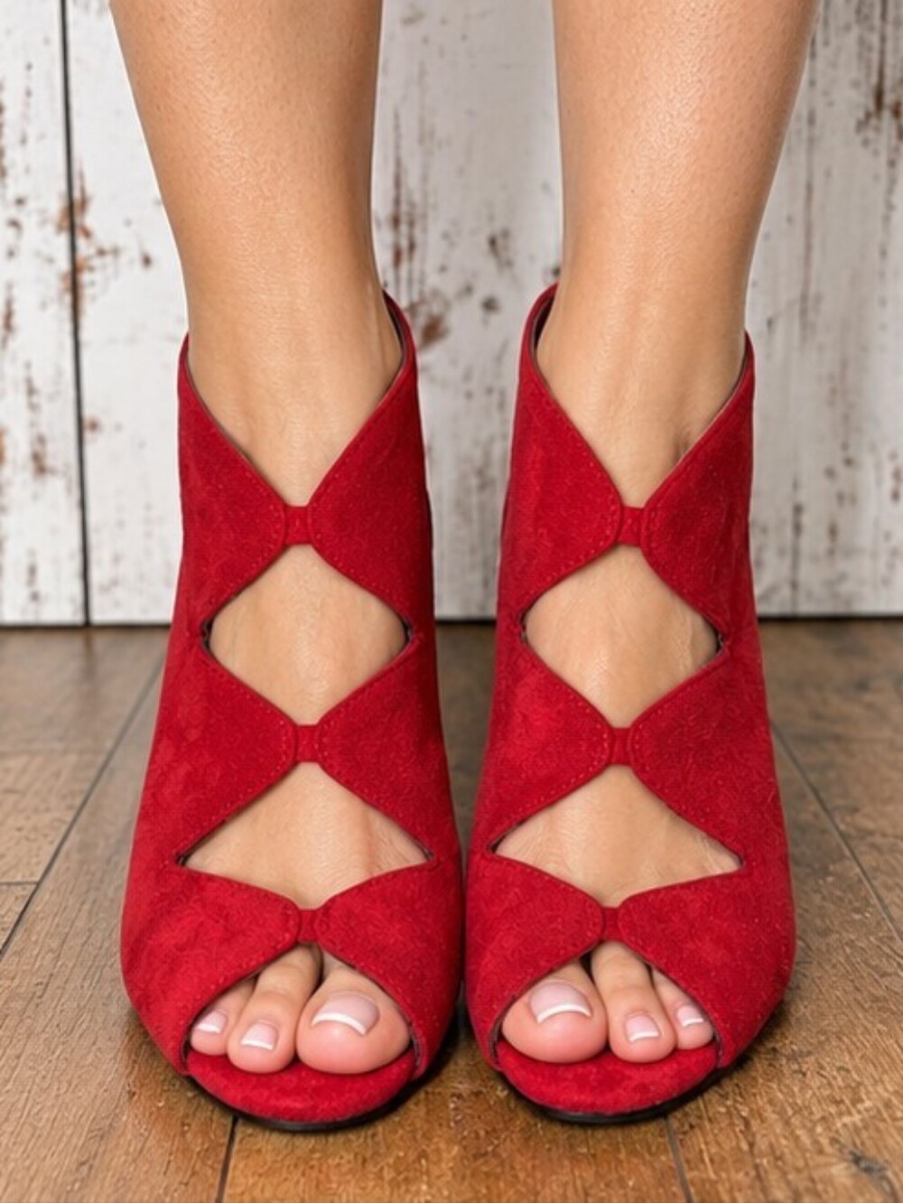 Impo Red Faux Suede Cutout Peep Toe Stiletto Booties Size 6